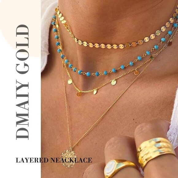 Stylish 4-Piece Gold Layered Necklace Set with Turquoise – Hypoallergenic & Chic - Picture 3 of 7